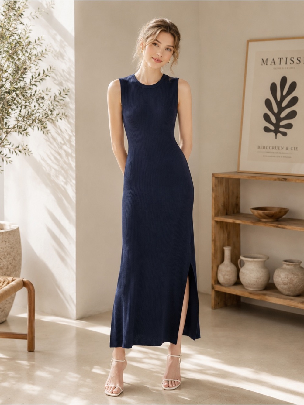 Calvin Klein Navy Sleeveless Ribbed Maxi Dress with Side Slit